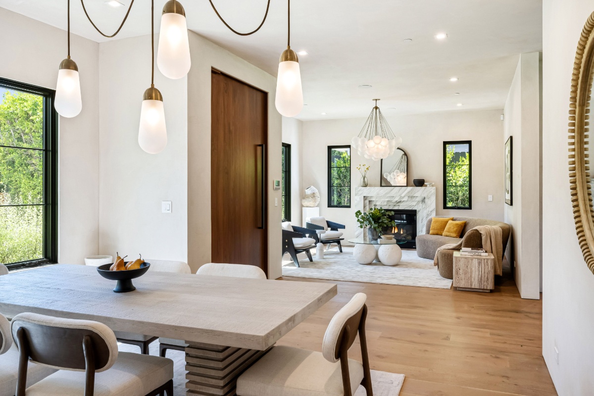 open floor plan living room with modern lighting