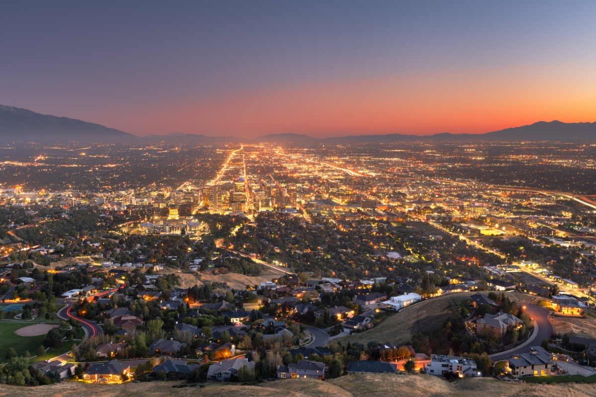 aerial view of Salt Lake City, Utah at dusk